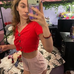 Red cropped short sleeved button up